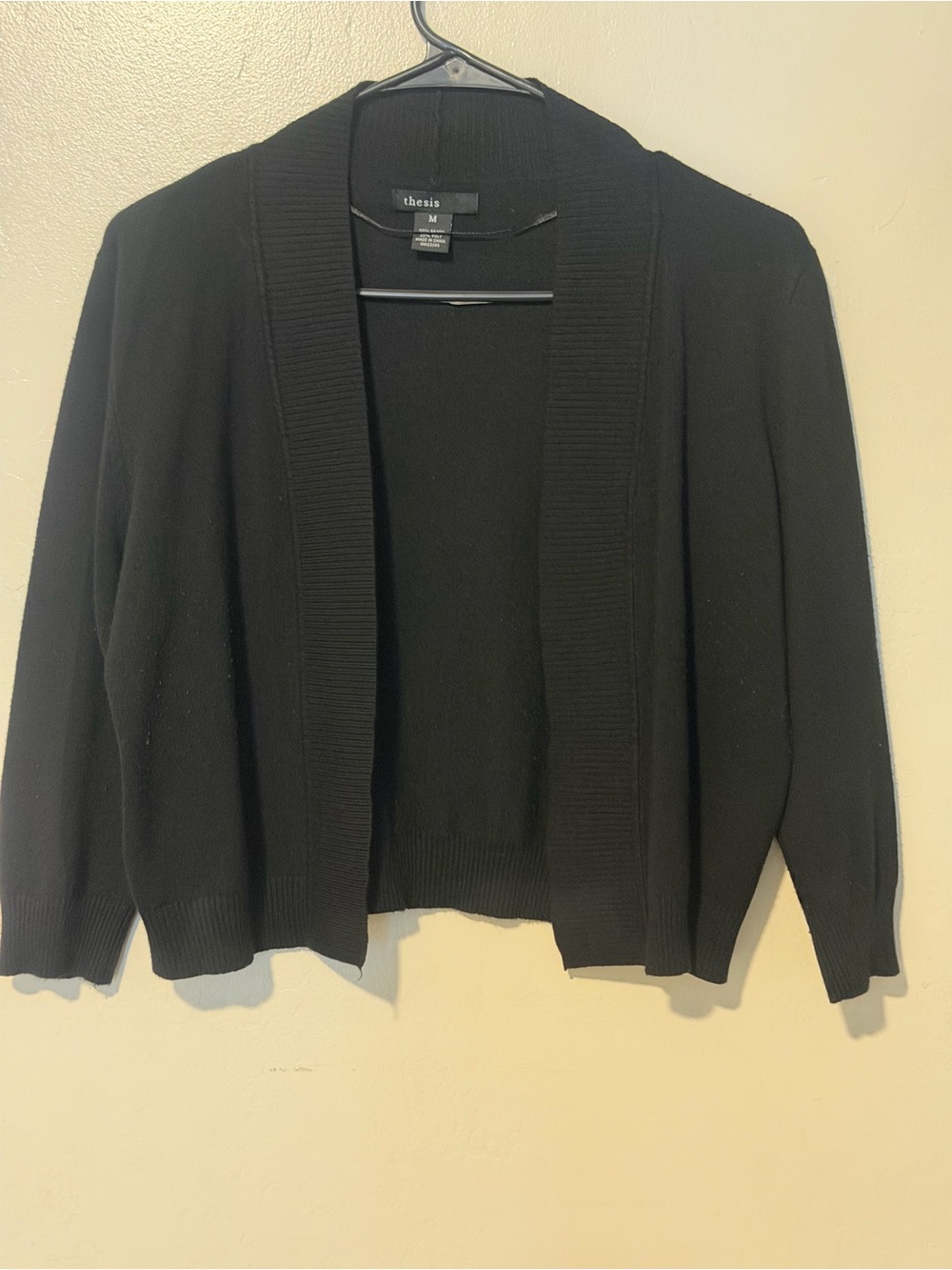 Thesis Black Open-Front Ribbed-Trim Cardigan Shrug Sweater